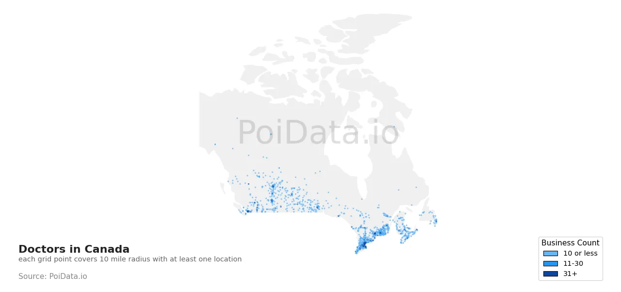 Doctor density map for Canada