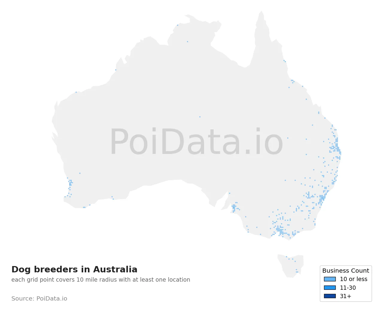 Dog breeder density map for Australia