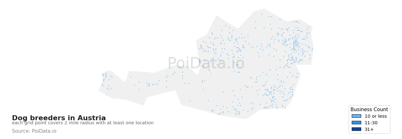 Dog breeder density map for Austria