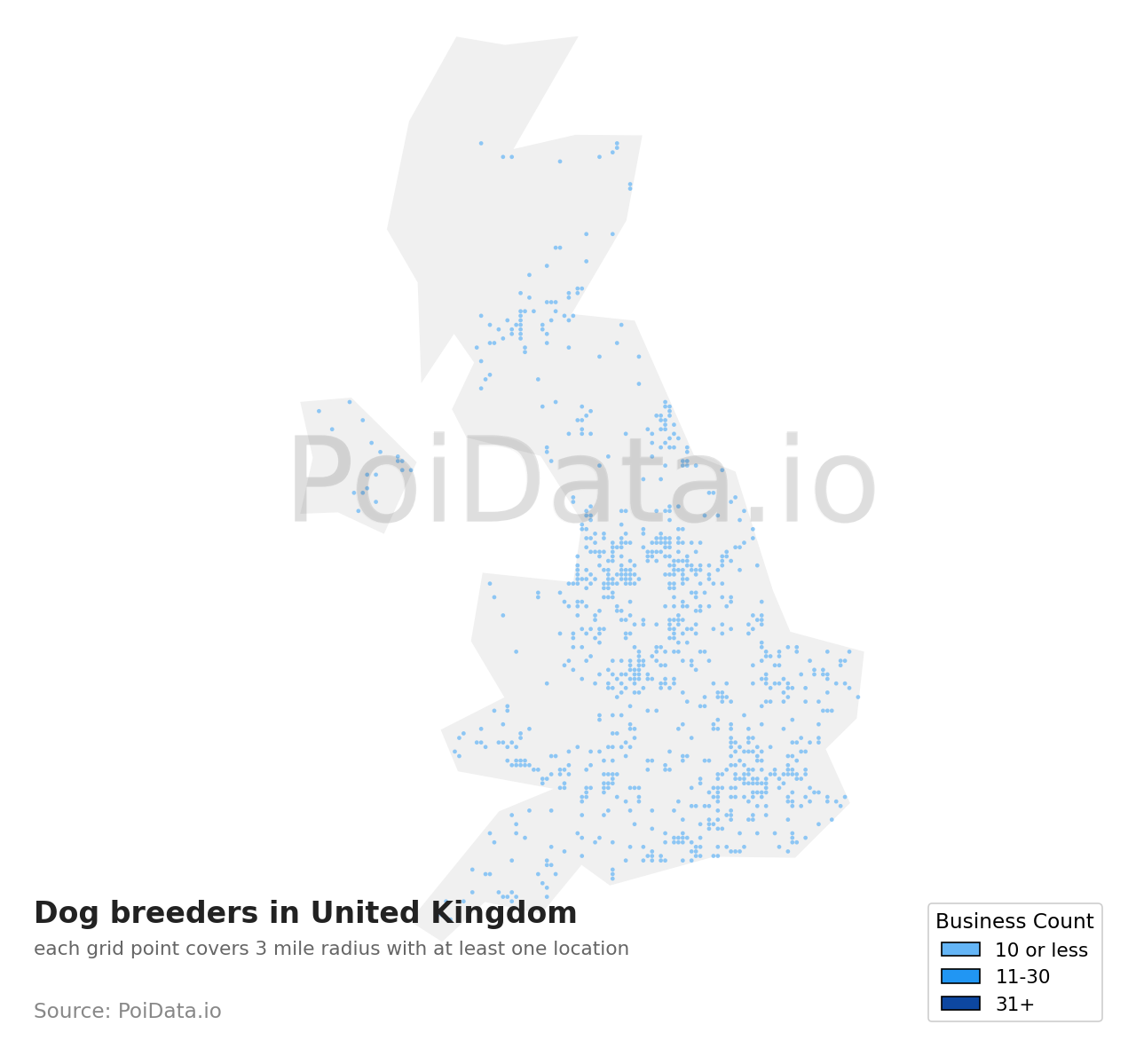 Dog breeder density map for United Kingdom