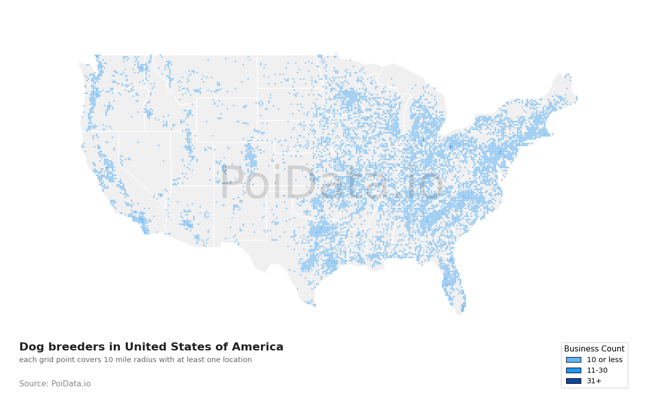 Dog breeder density map for United States