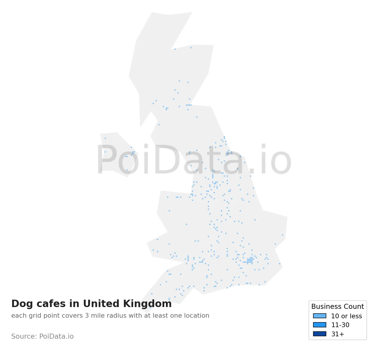 Dog cafe density map for United Kingdom