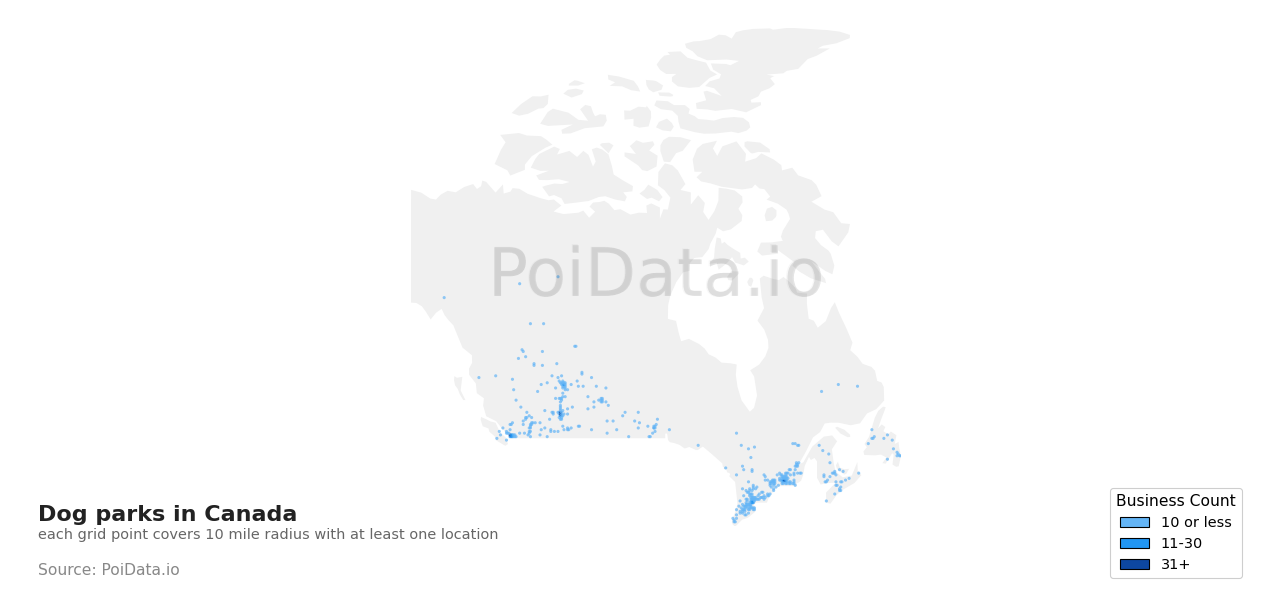 Dog park density map for Canada