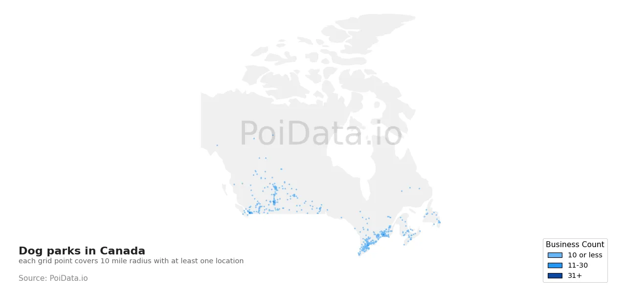 Dog park density map for Canada