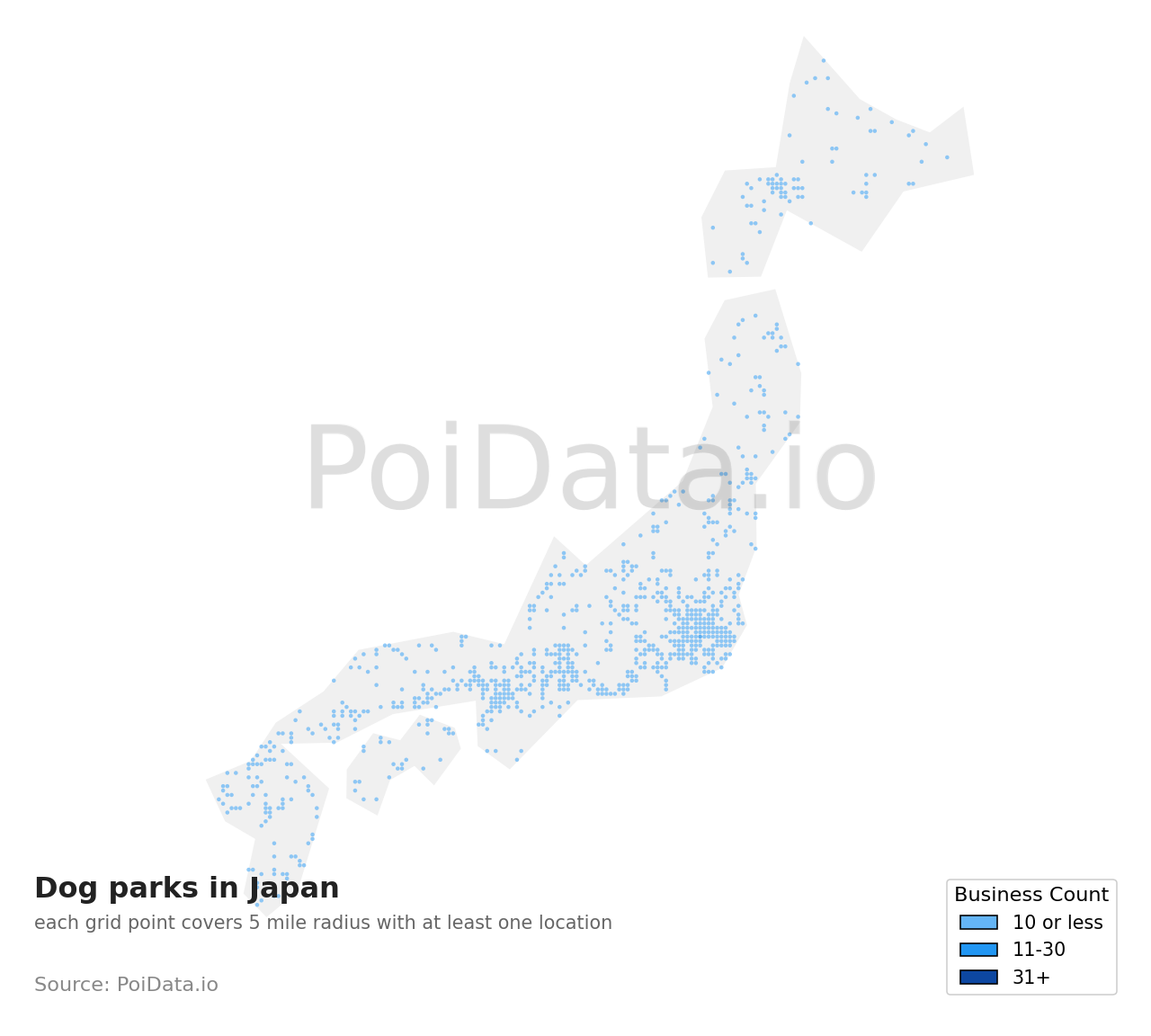 Dog park density map for Japan