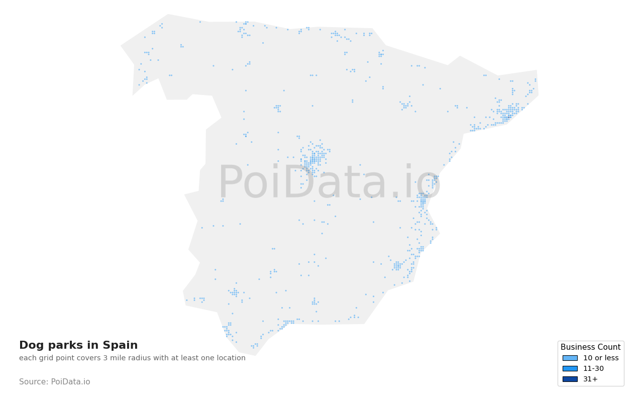 Dog park density map for Spain