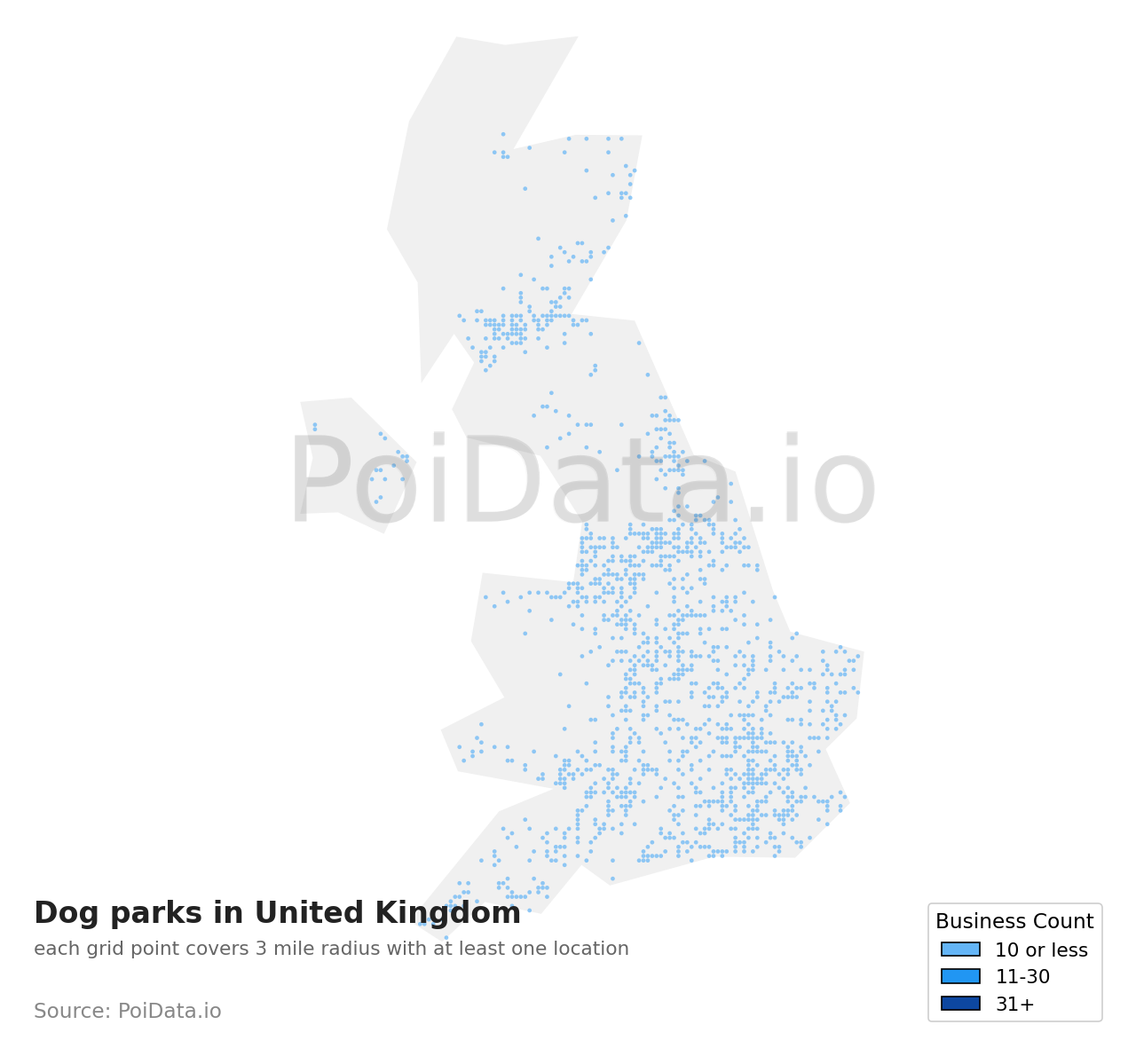 Dog park density map for United Kingdom