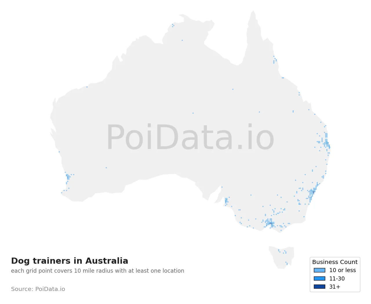 Dog trainer density map for Australia