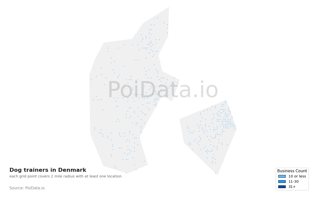 Dog trainer density map for Denmark