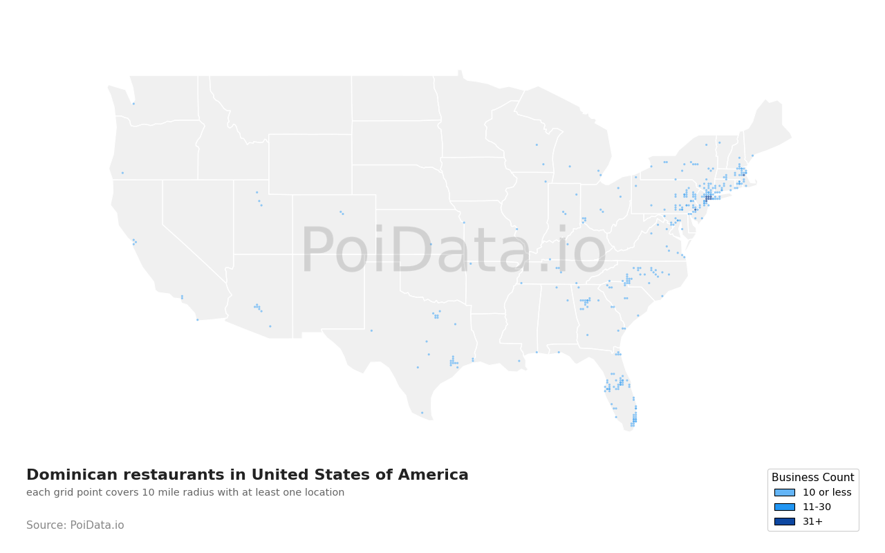 Dominican restaurant density map for North Carolina, United States