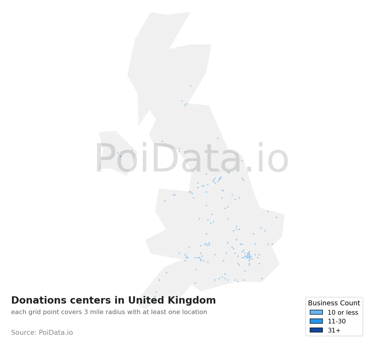 Donations center density map for United Kingdom