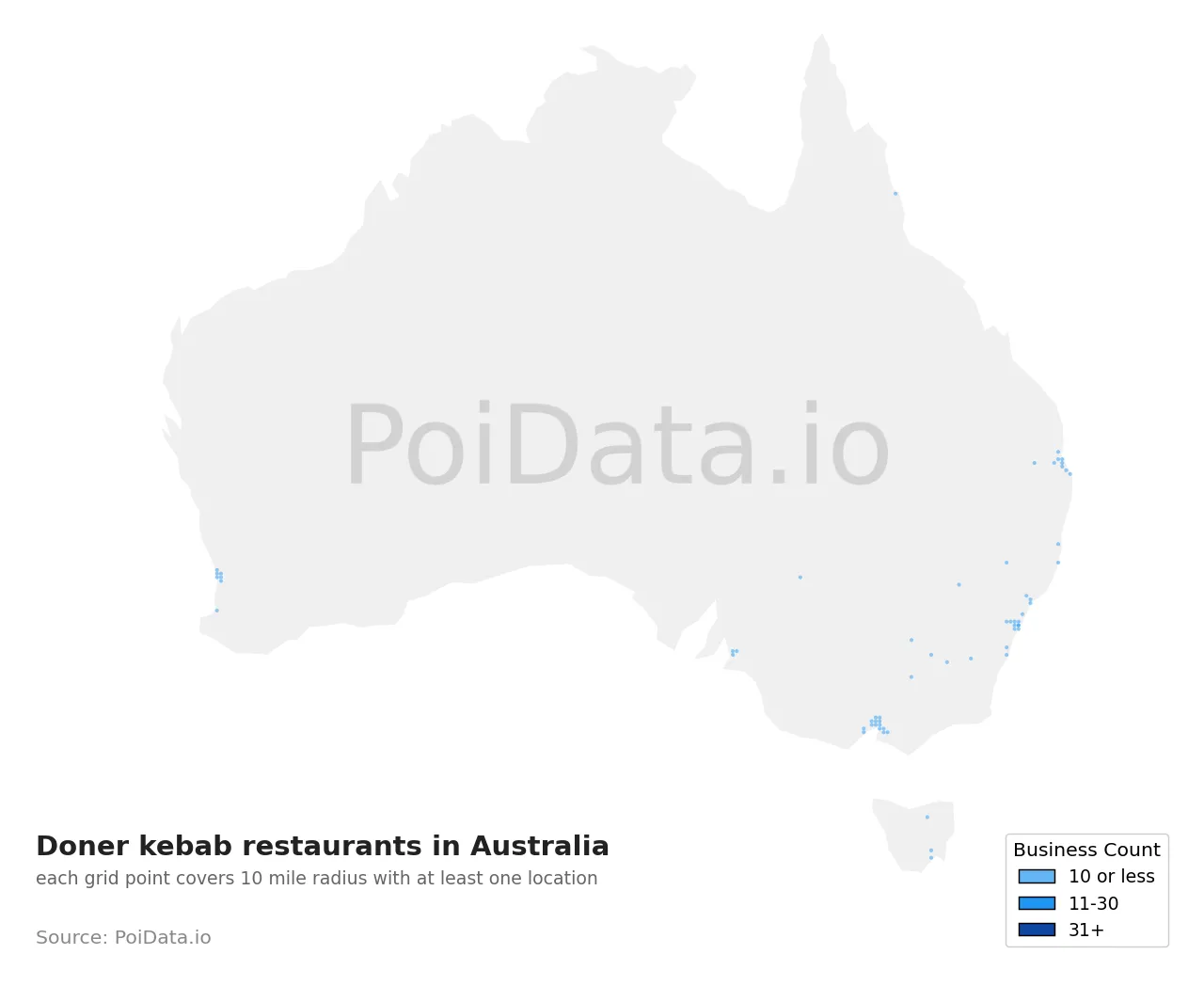 Doner kebab restaurant density map for Australia