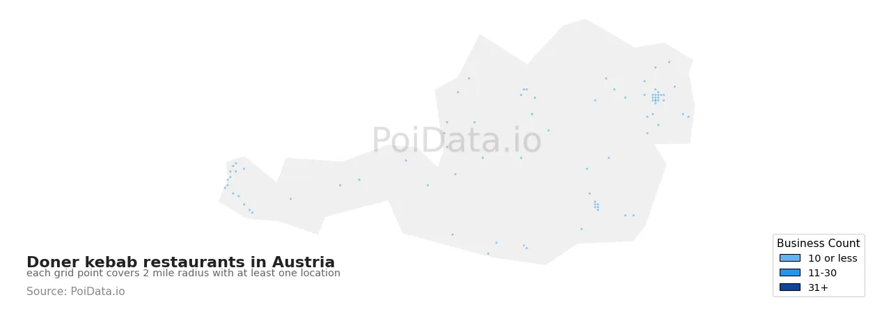 Doner kebab restaurant density map for Austria
