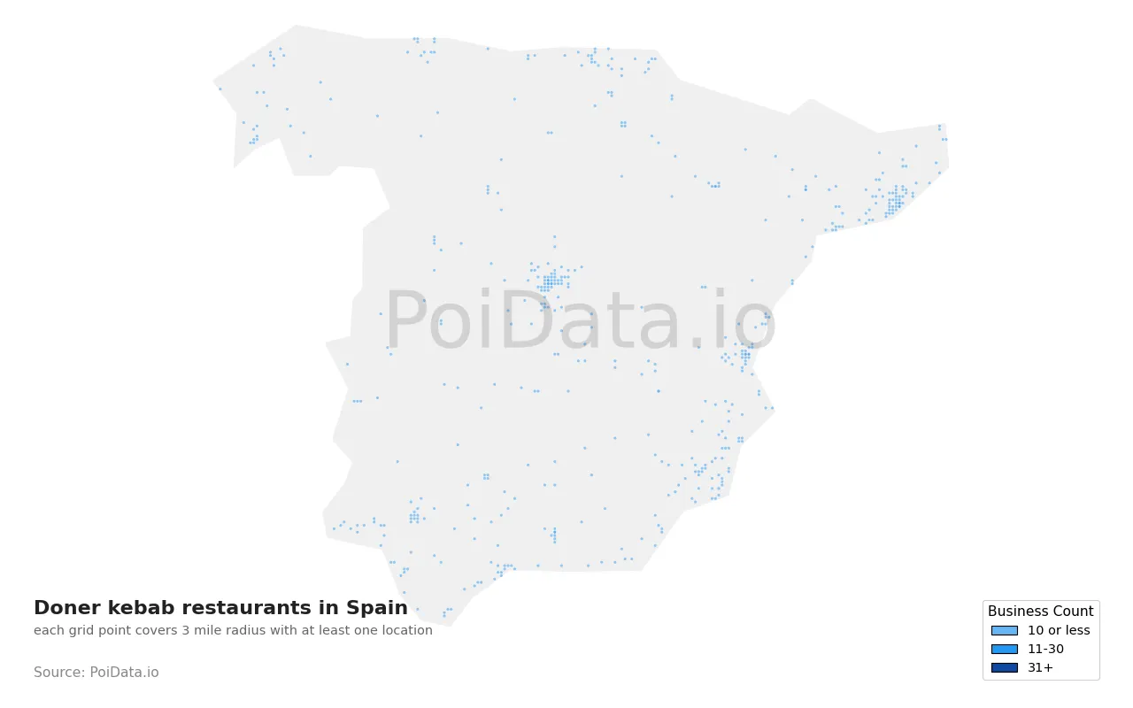 Doner kebab restaurant density map for Spain