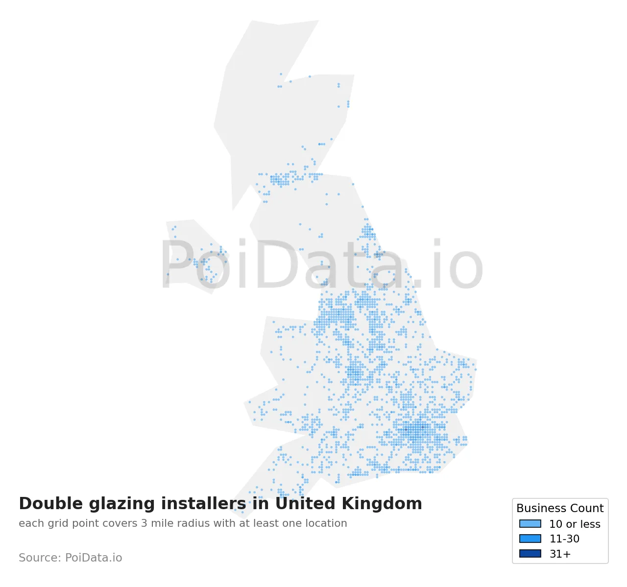 Double glazing installer density map for United Kingdom