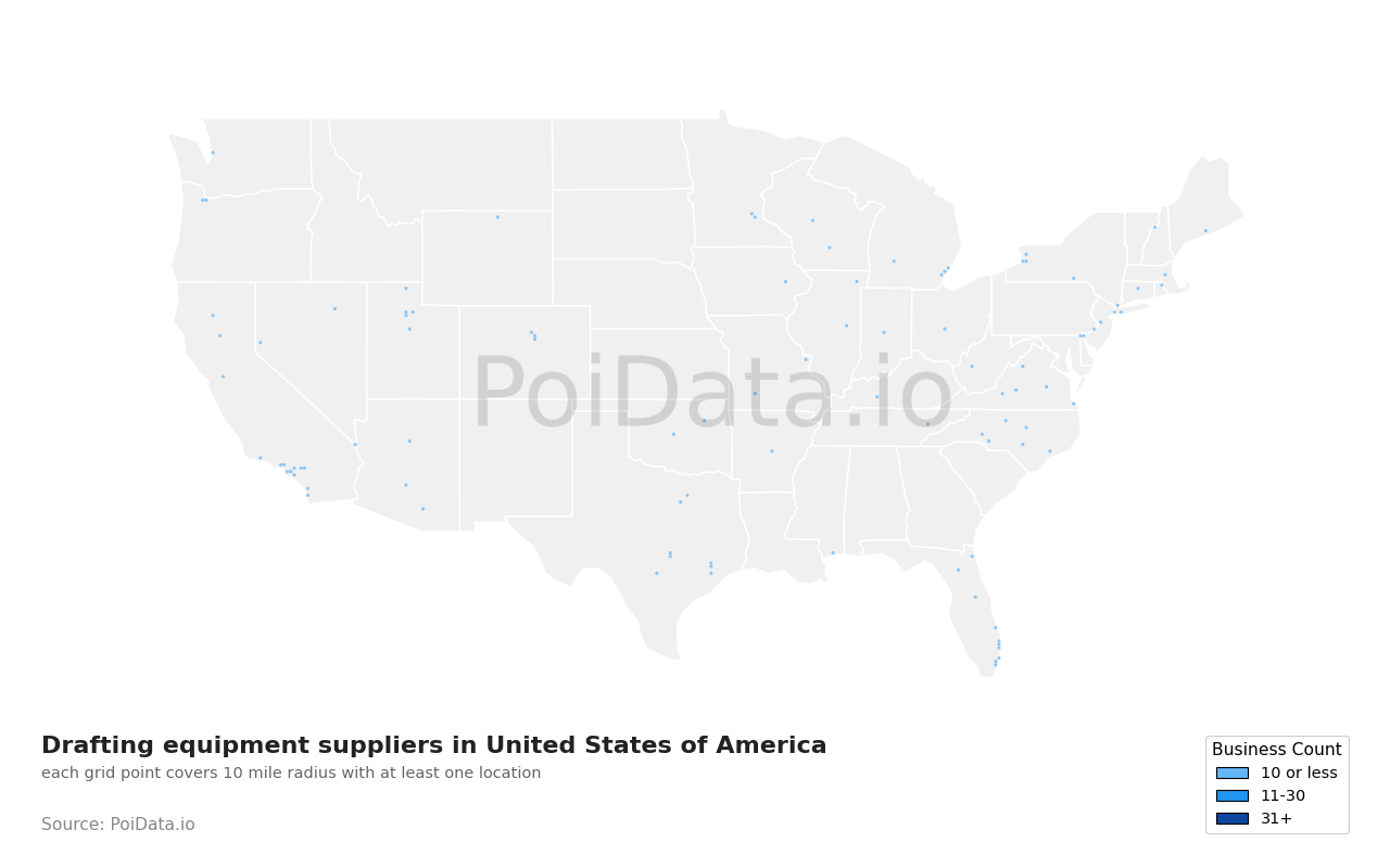 Drafting equipment supplier density map for United States