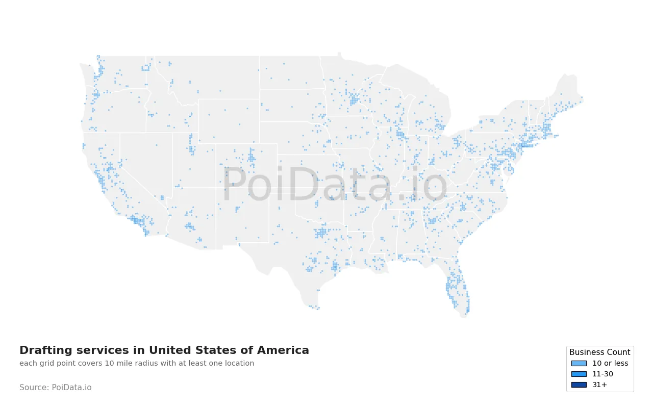 Drafting service density map for United States