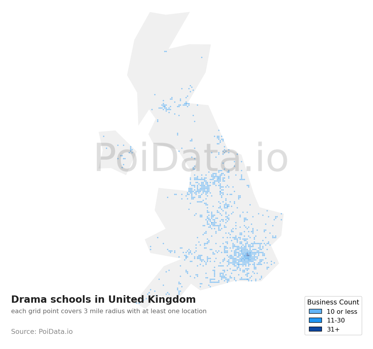 Drama school density map for United Kingdom