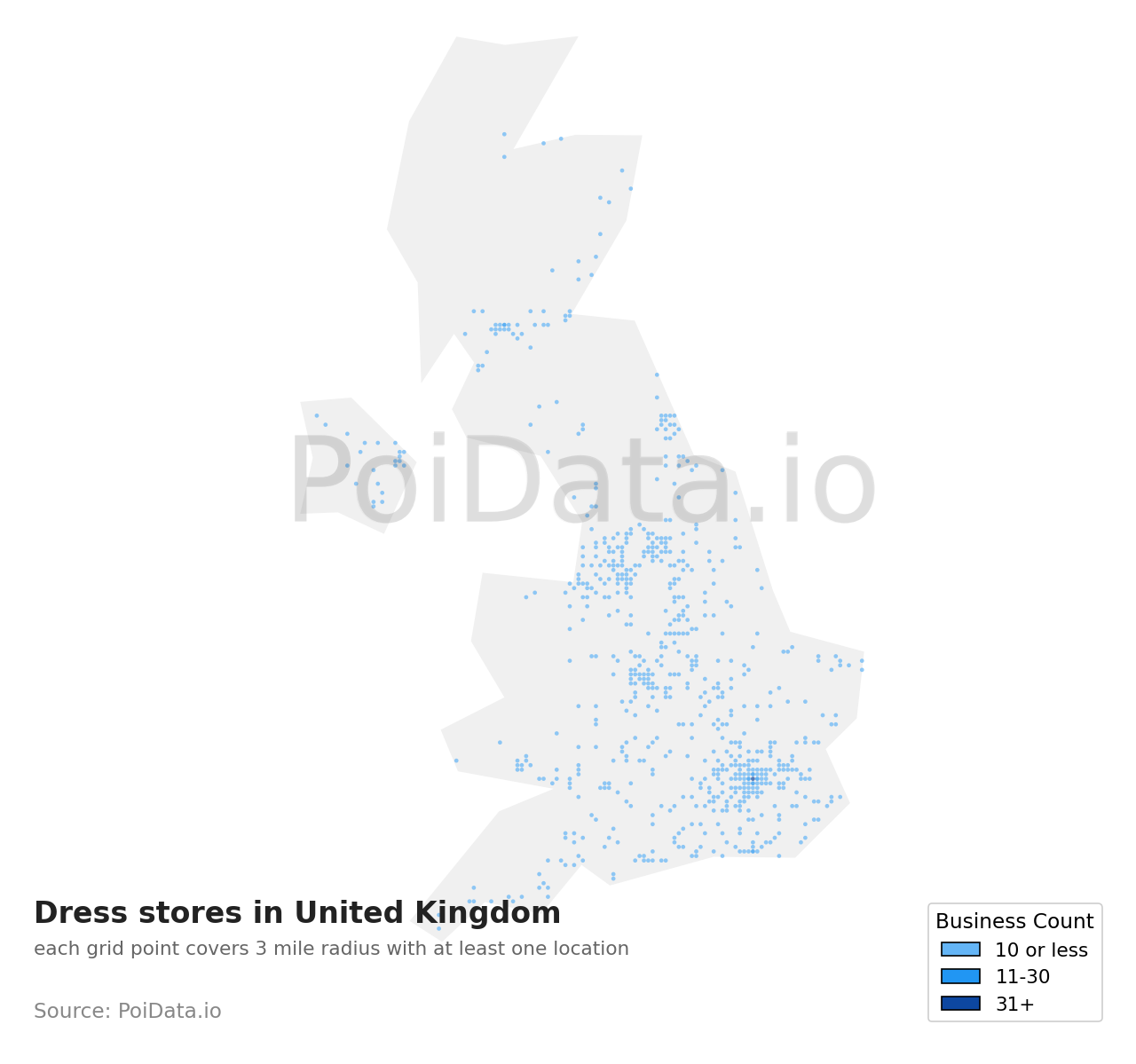 Dress store density map for United Kingdom