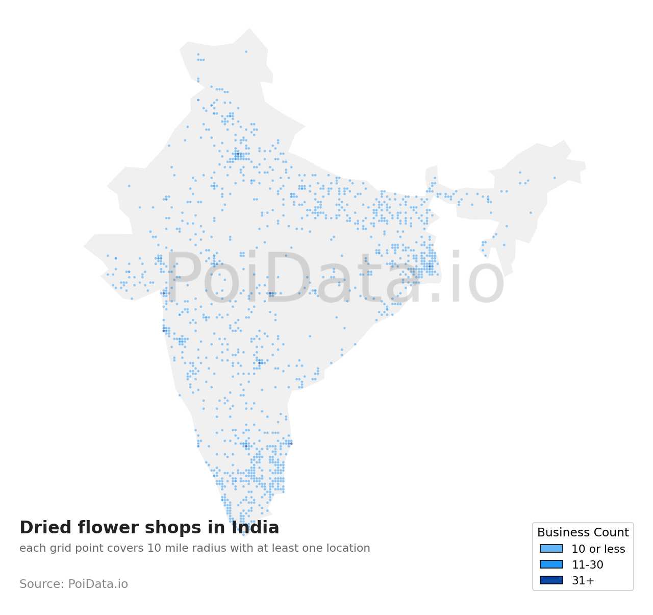 Dried flower shop density map for India