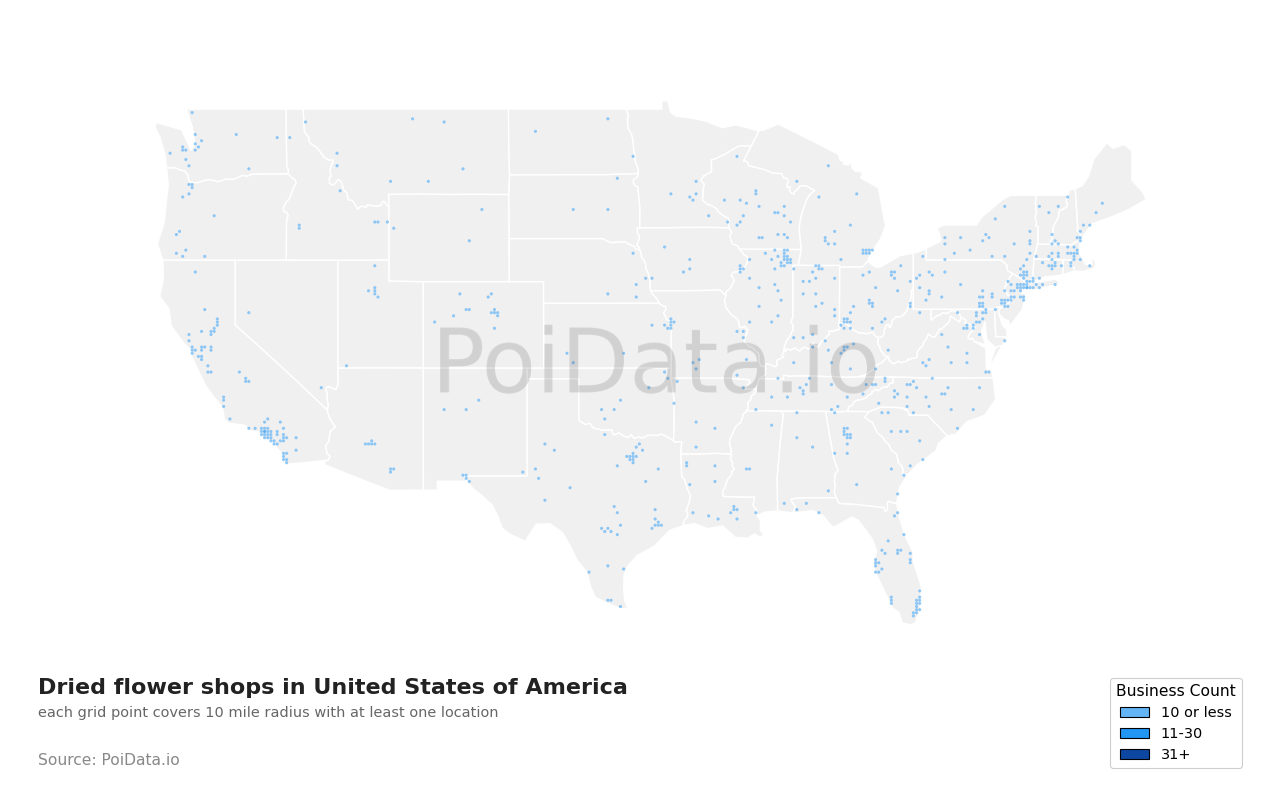 Dried flower shop density map for California, United States