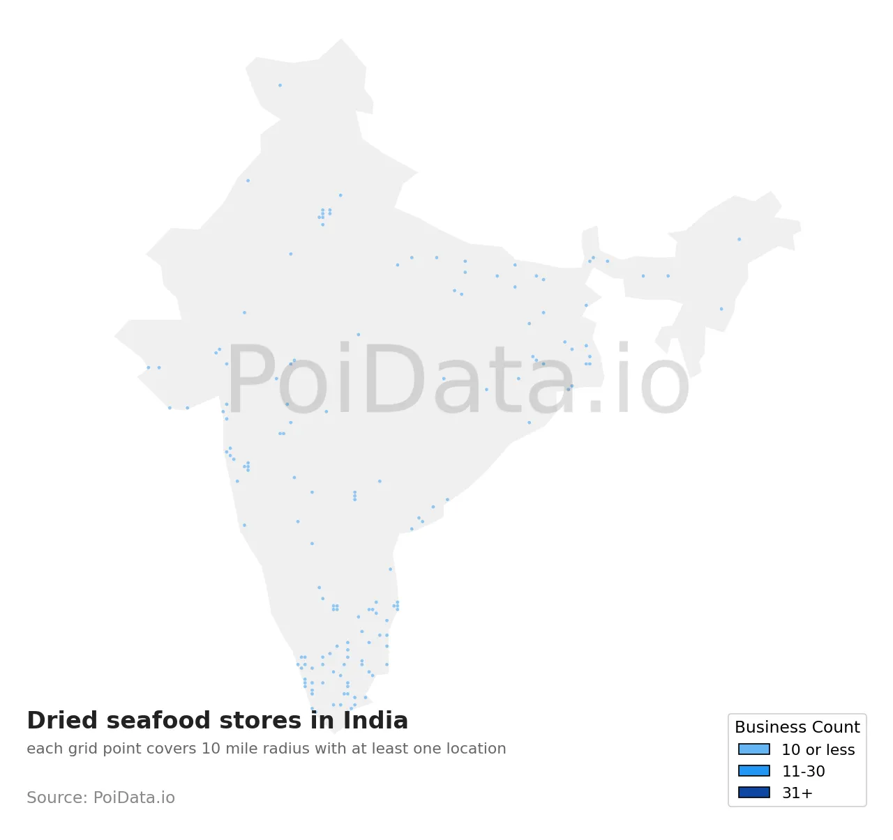 Dried seafood store density map for India