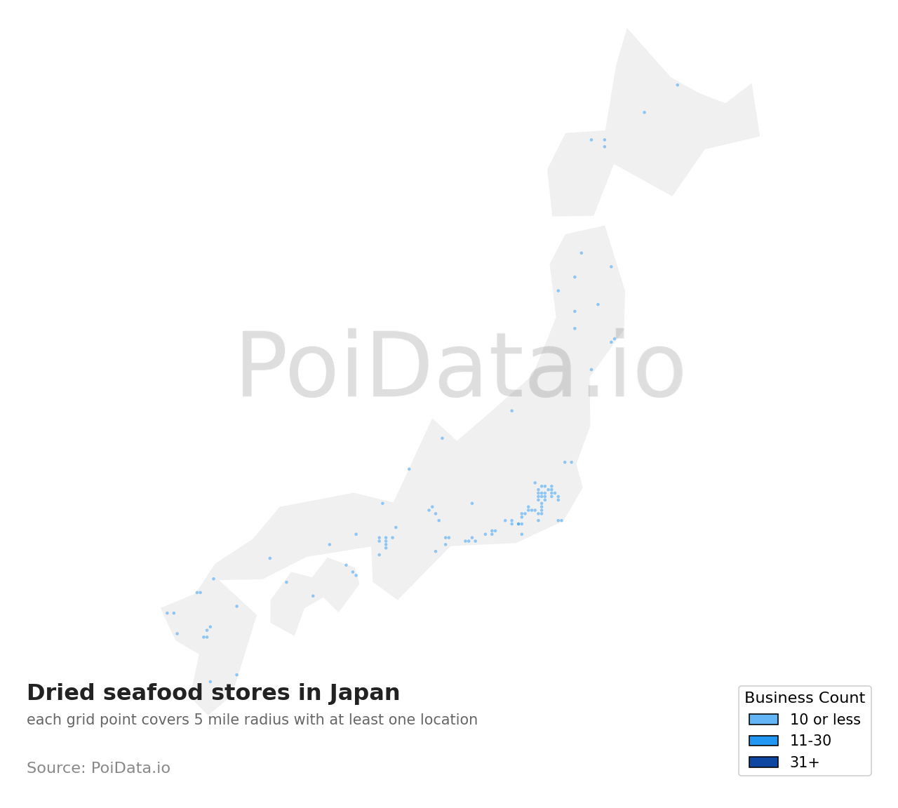 Dried seafood store density map for Japan