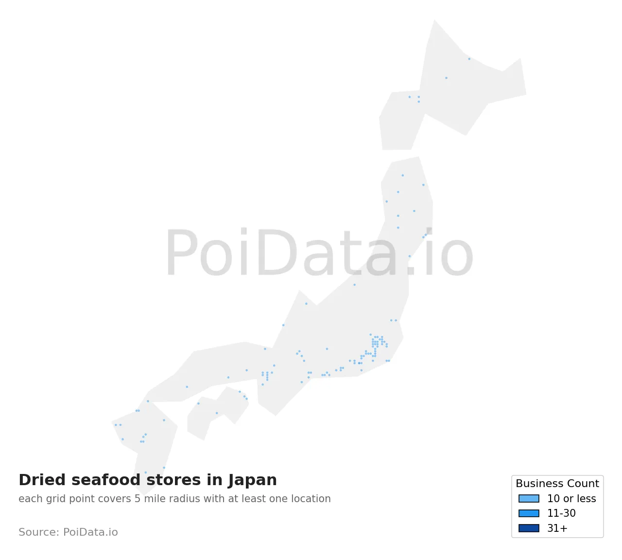 Dried seafood store density map for Japan