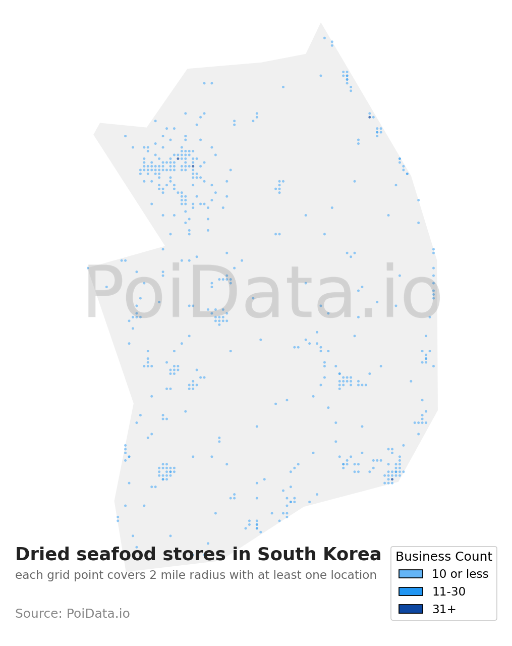 Dried seafood store density map for South Korea