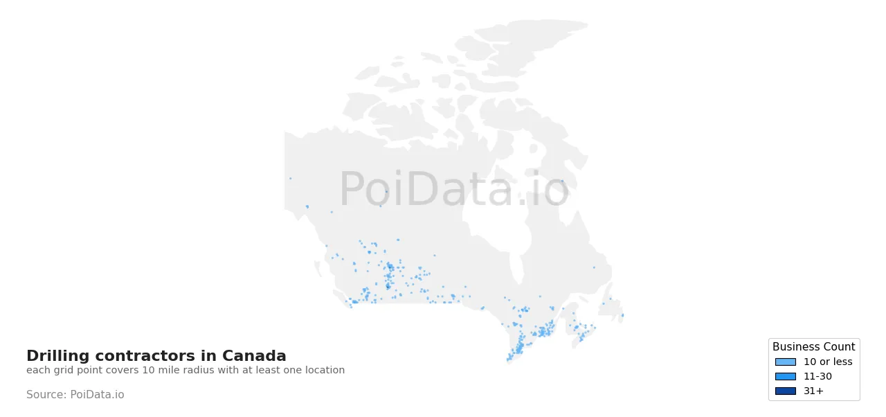 Drilling contractor density map for Canada