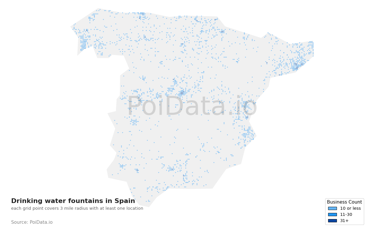 Drinking water fountain density map for Spain