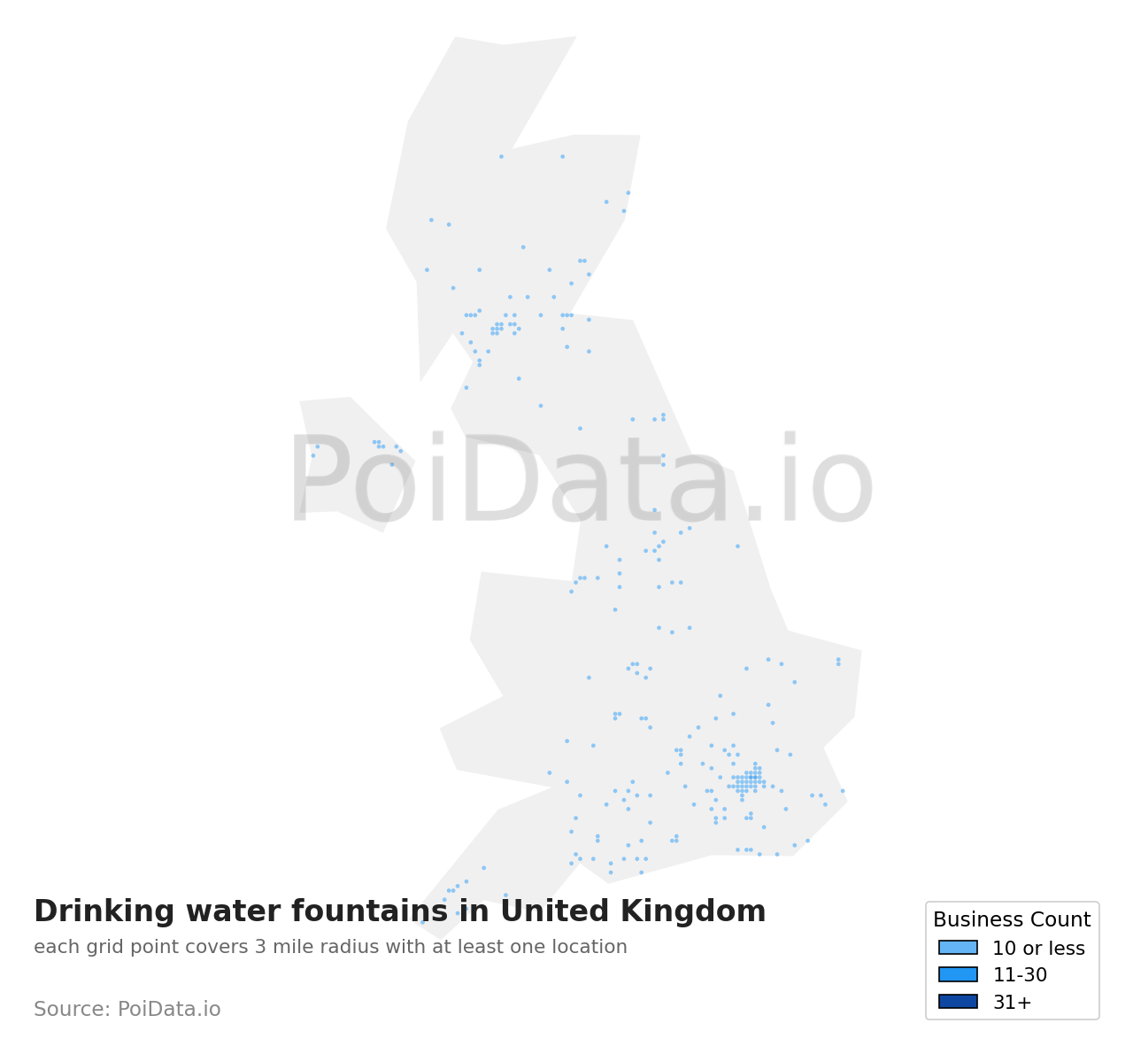 Drinking water fountain density map for United Kingdom