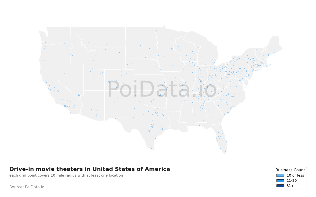 Drive-in movie theater density map for Texas, United States