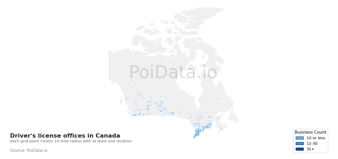 Driver's license office density map for Canada