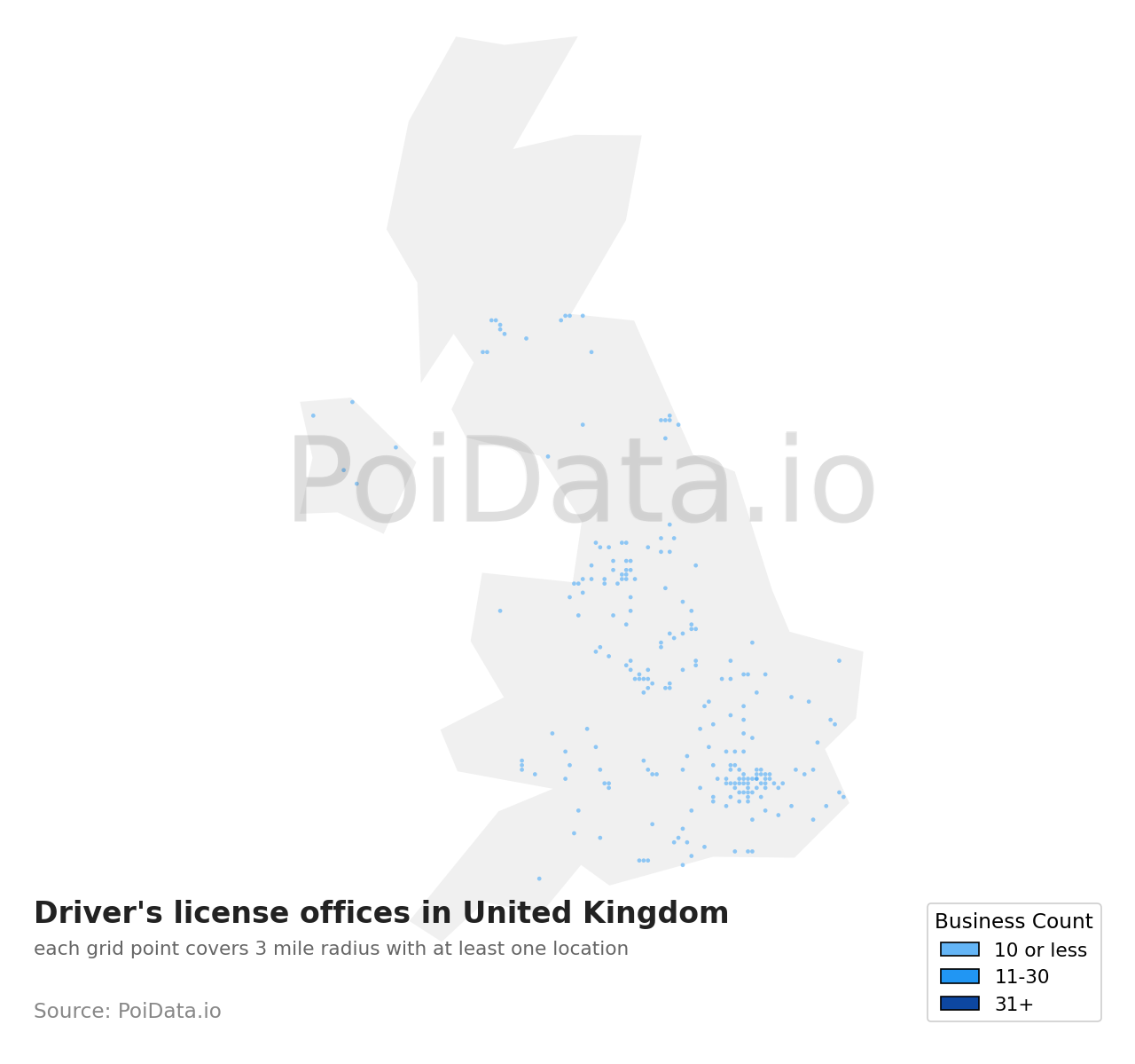 Driver's license office density map for United Kingdom