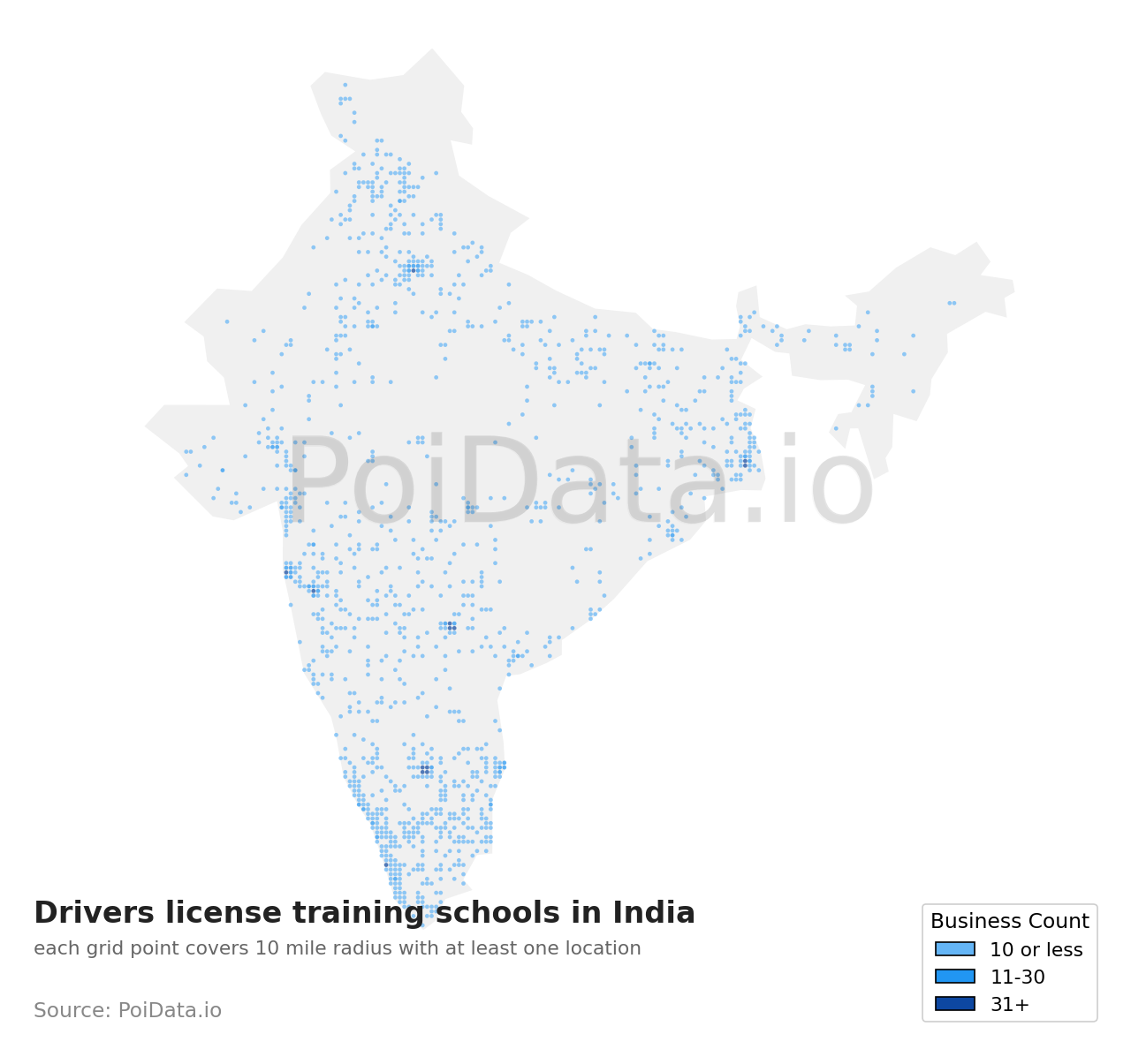Drivers license training school density map for India