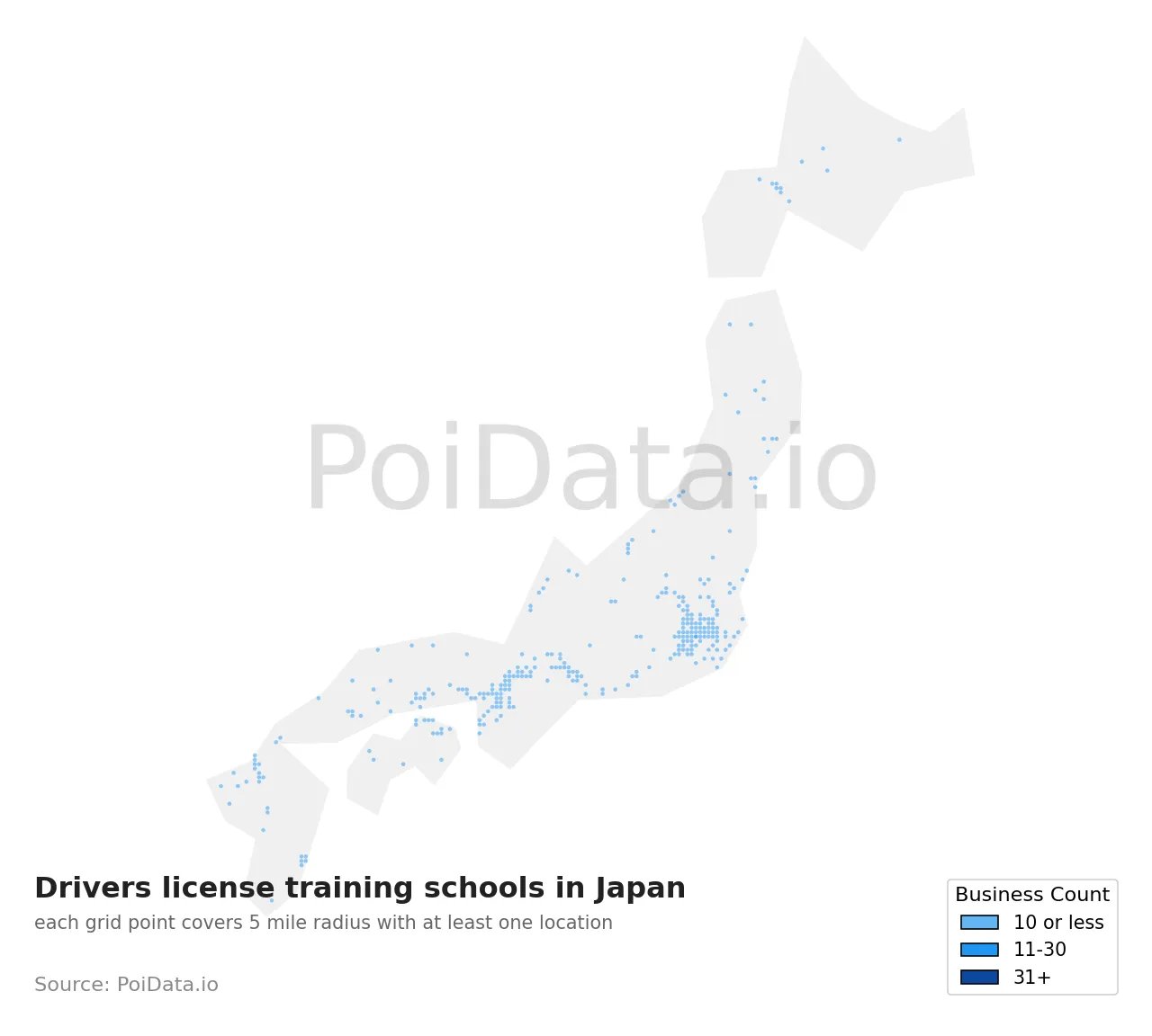 Drivers license training school density map for Japan