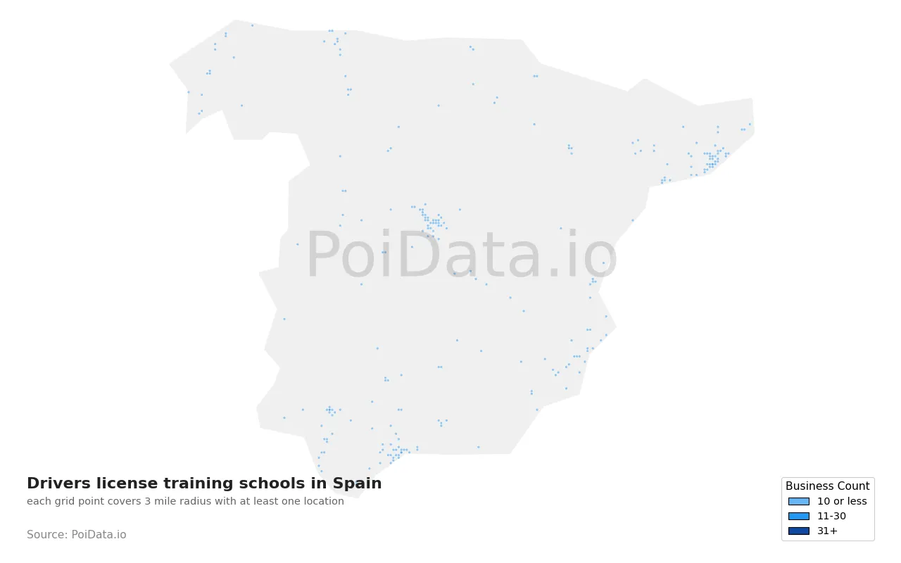 Drivers license training school density map for Spain