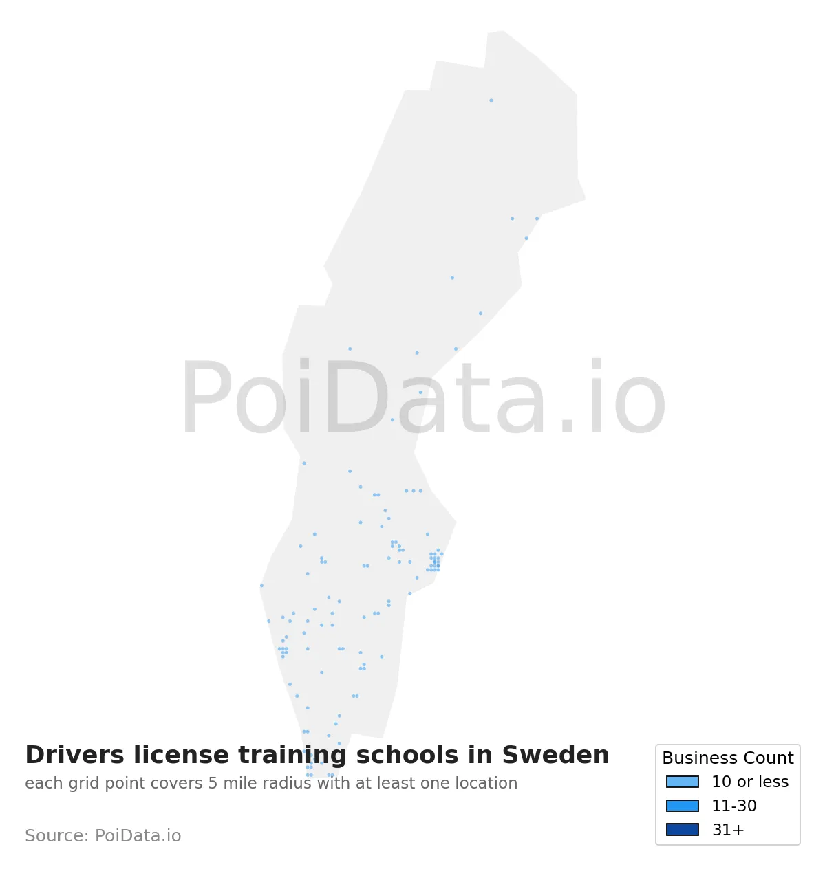 Drivers license training school density map for Sweden