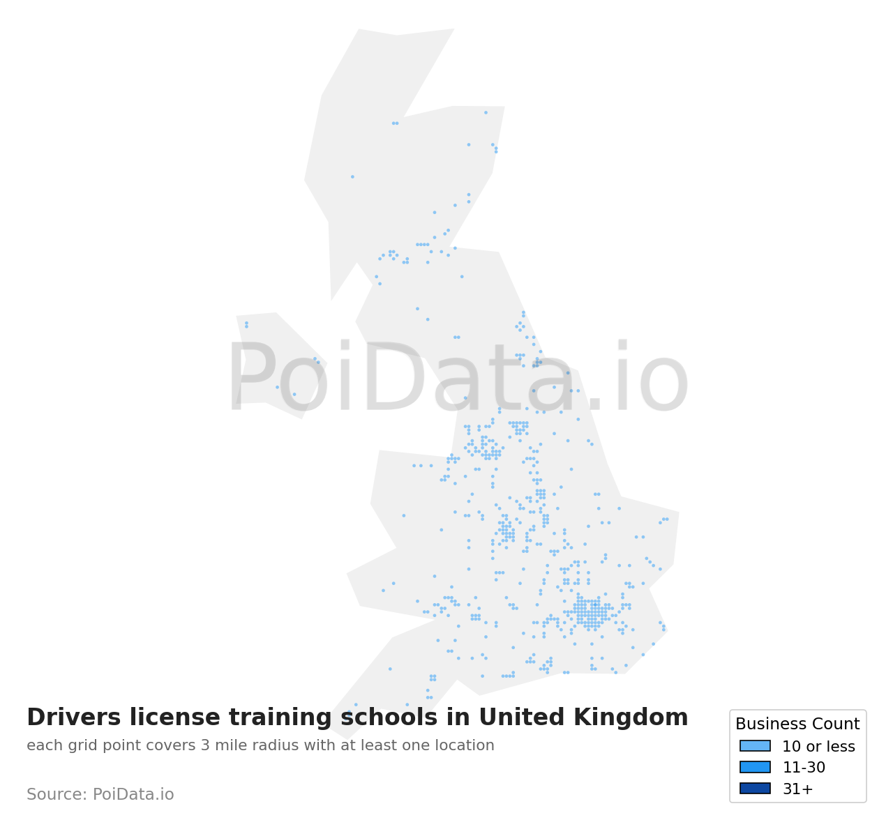Drivers license training school density map for United Kingdom