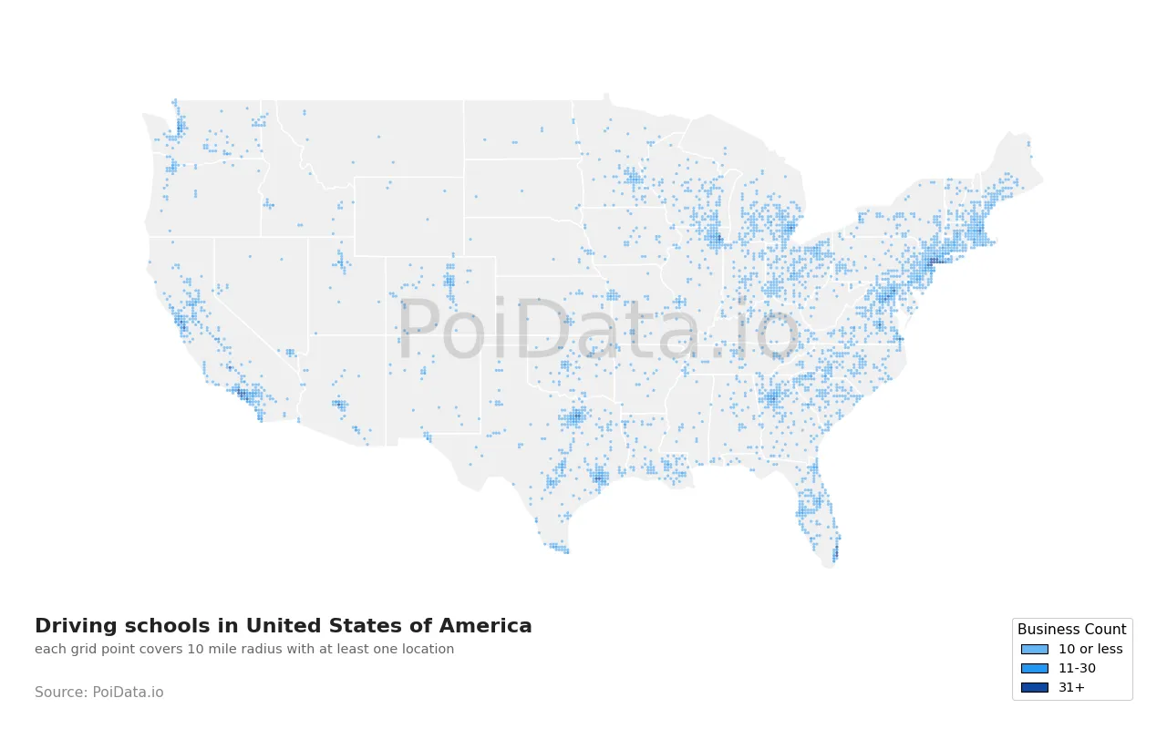 Driving school density map for United States