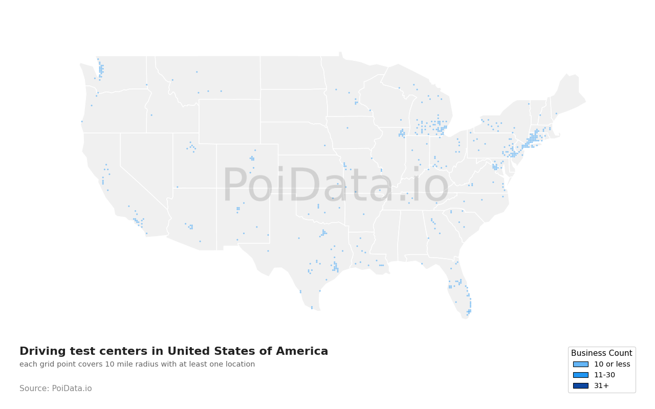 Driving test center density map for Arizona, United States