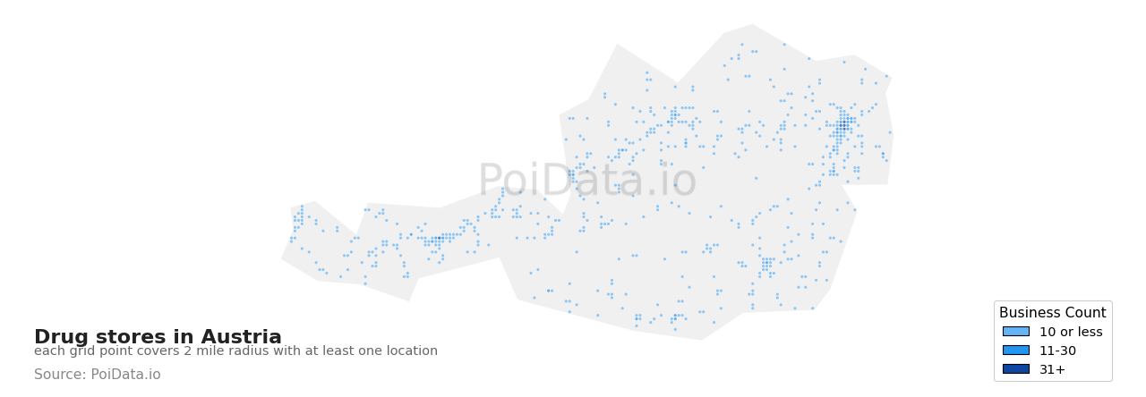 Drug store density map for Austria