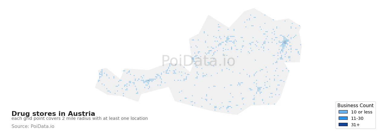 Drug store density map for Austria