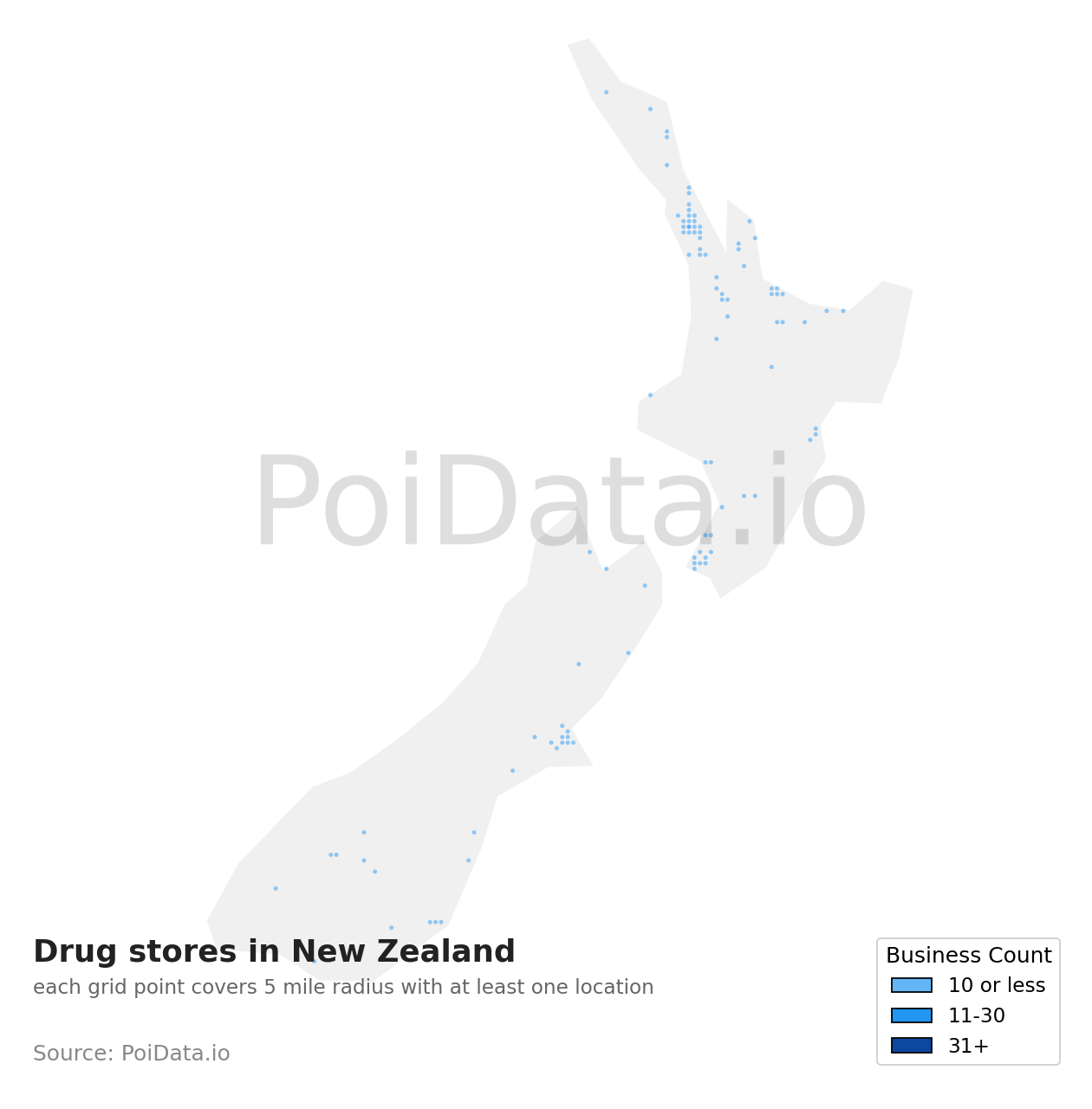 Drug store density map for New Zealand