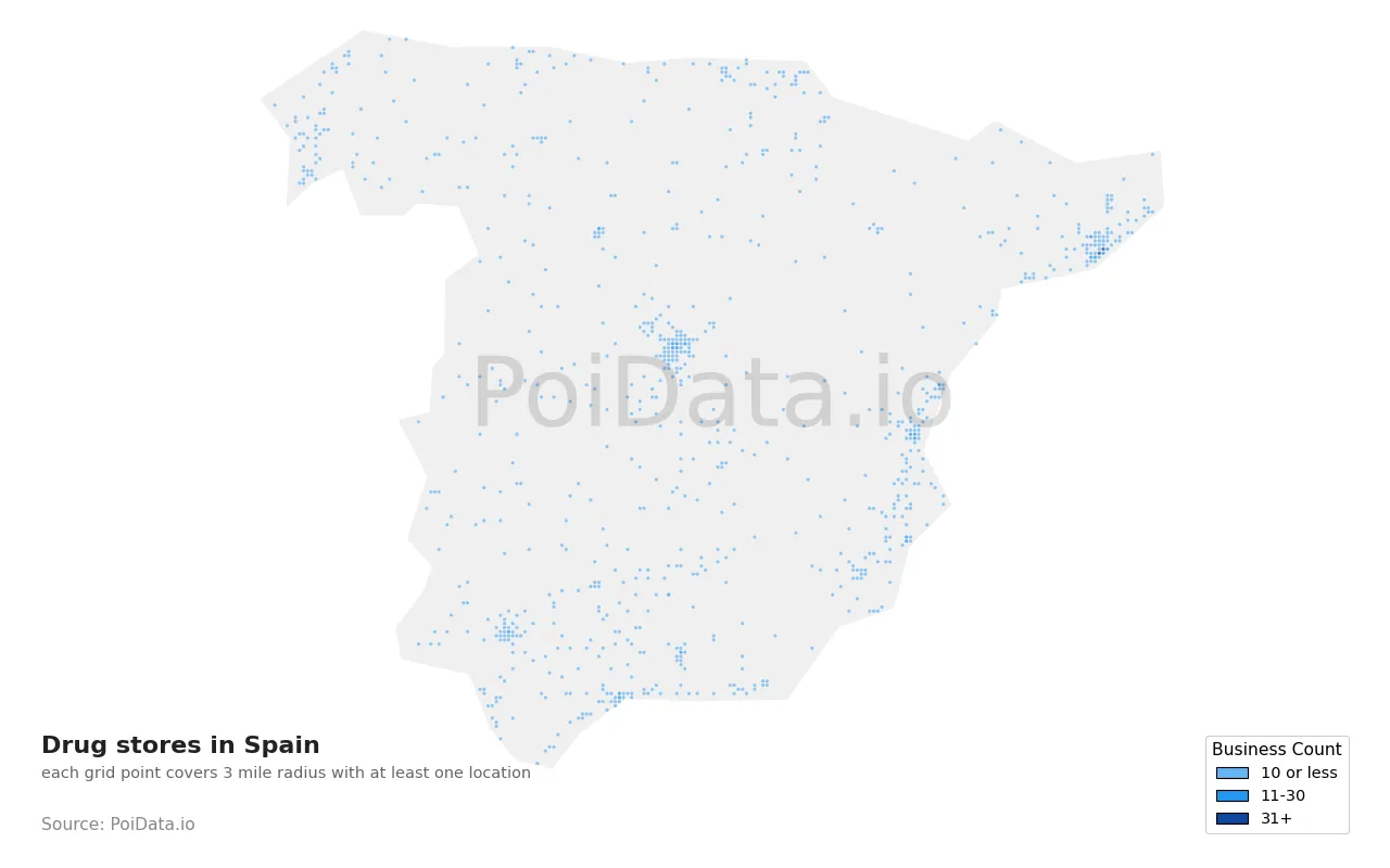 Drug store density map for Spain