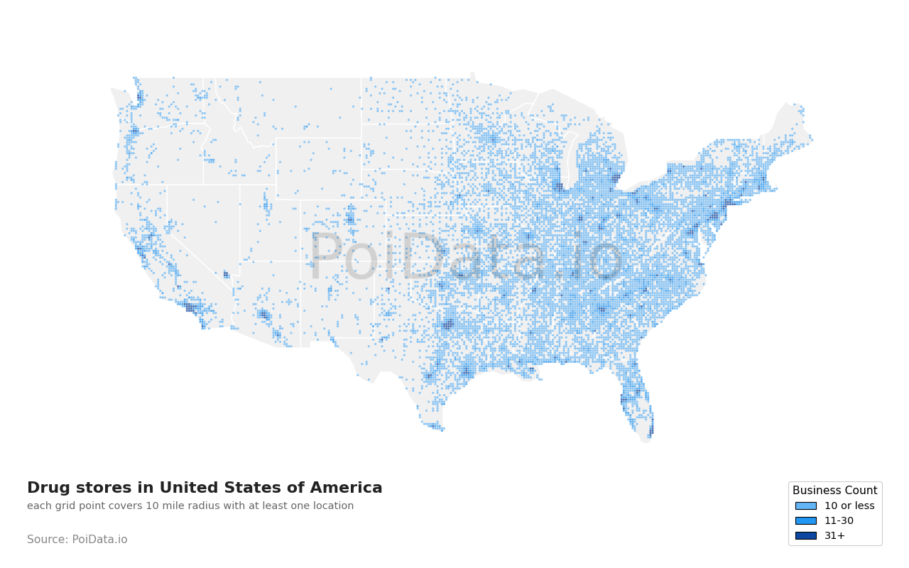 Drug store density map for United States