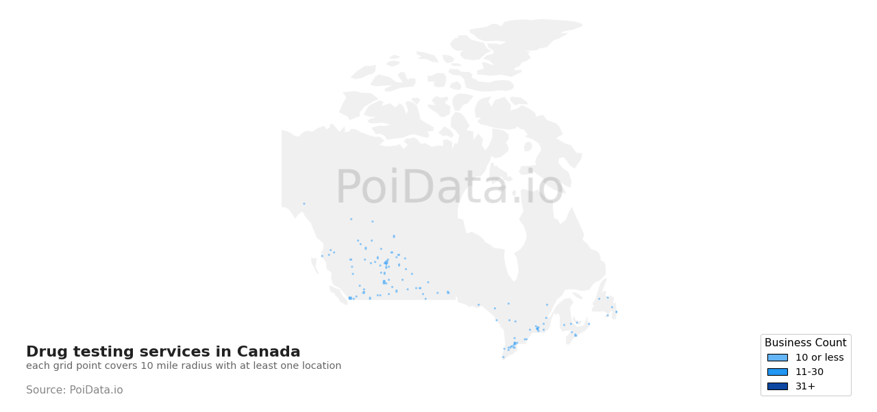 Drug testing service density map for Manitoba, Canada
