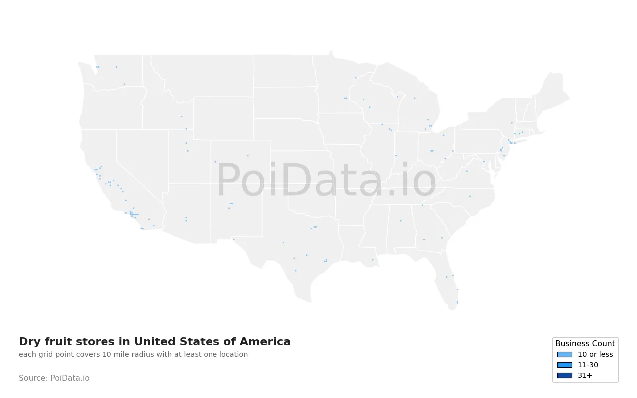 Dry fruit store density map for United States