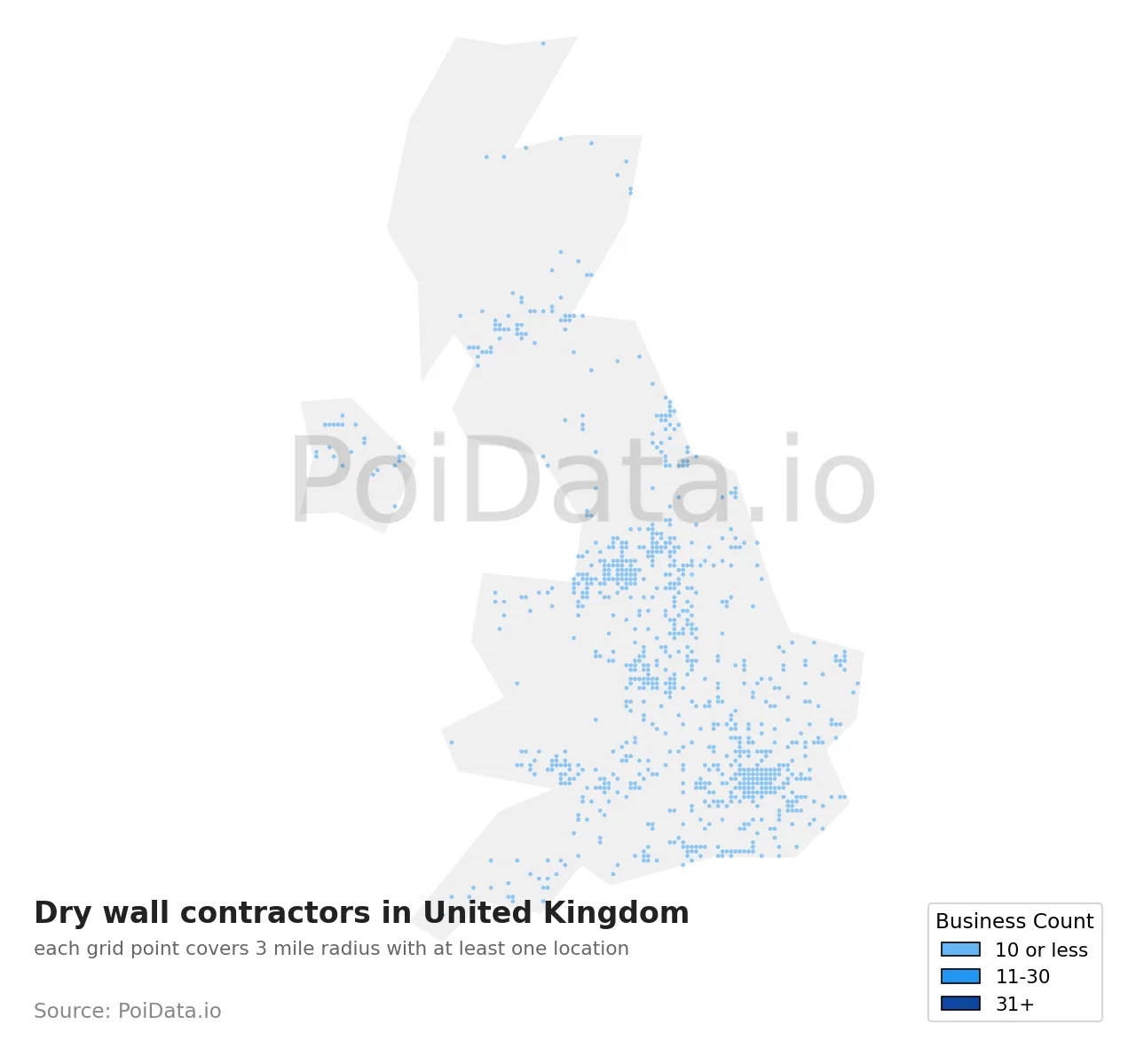 Dry wall contractor density map for United Kingdom